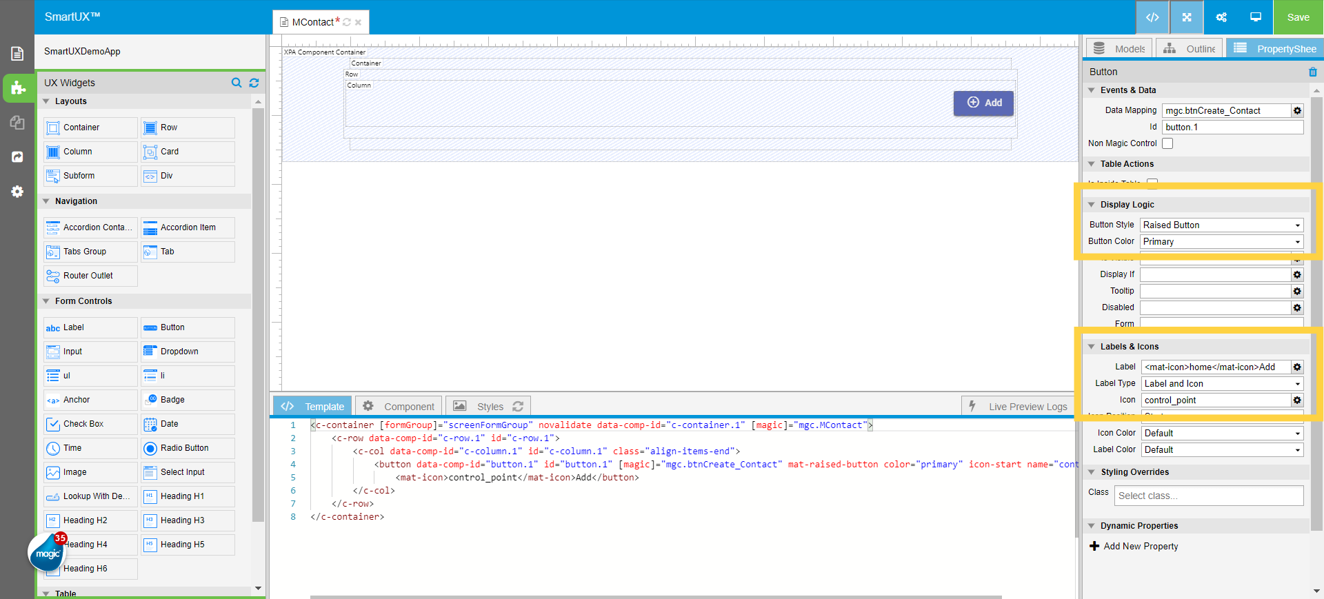 Set properties for the Save button