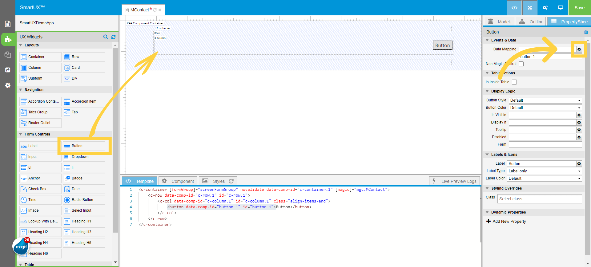 Drag and drop the Button widget inside the Last dropped Column