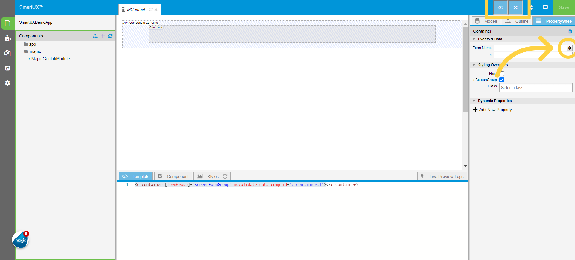 Enable Expanded View and View Code and Map Form Name to Container