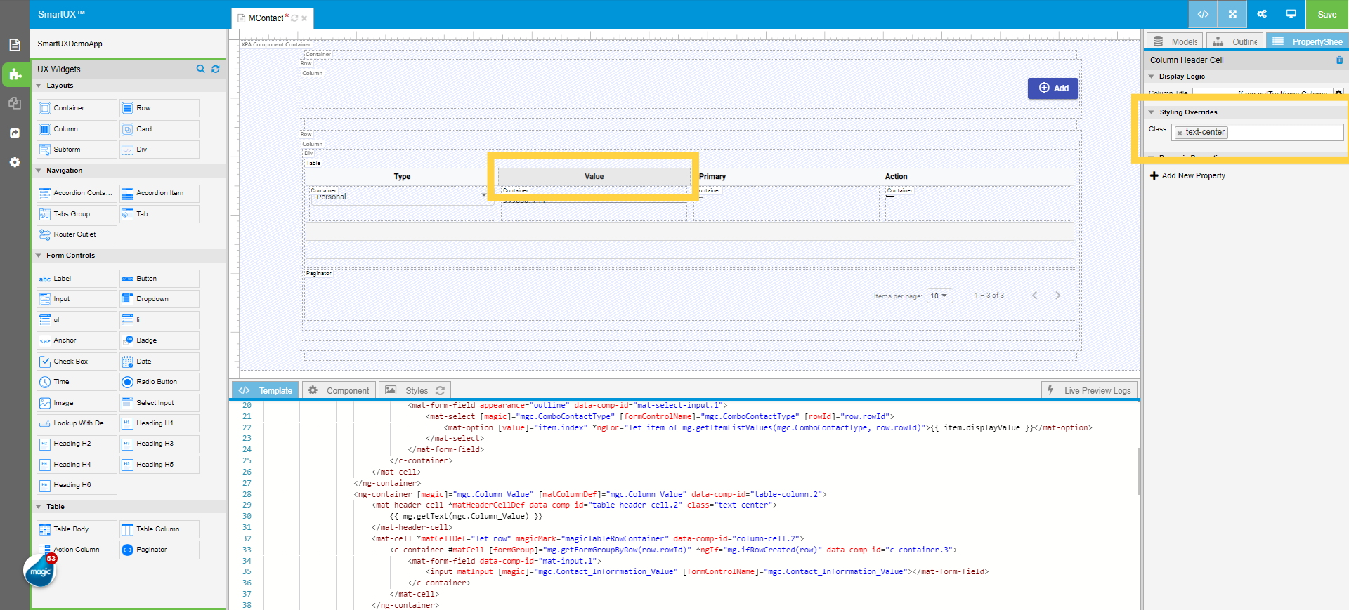 Set Class property to Column Header Cell 'Value'