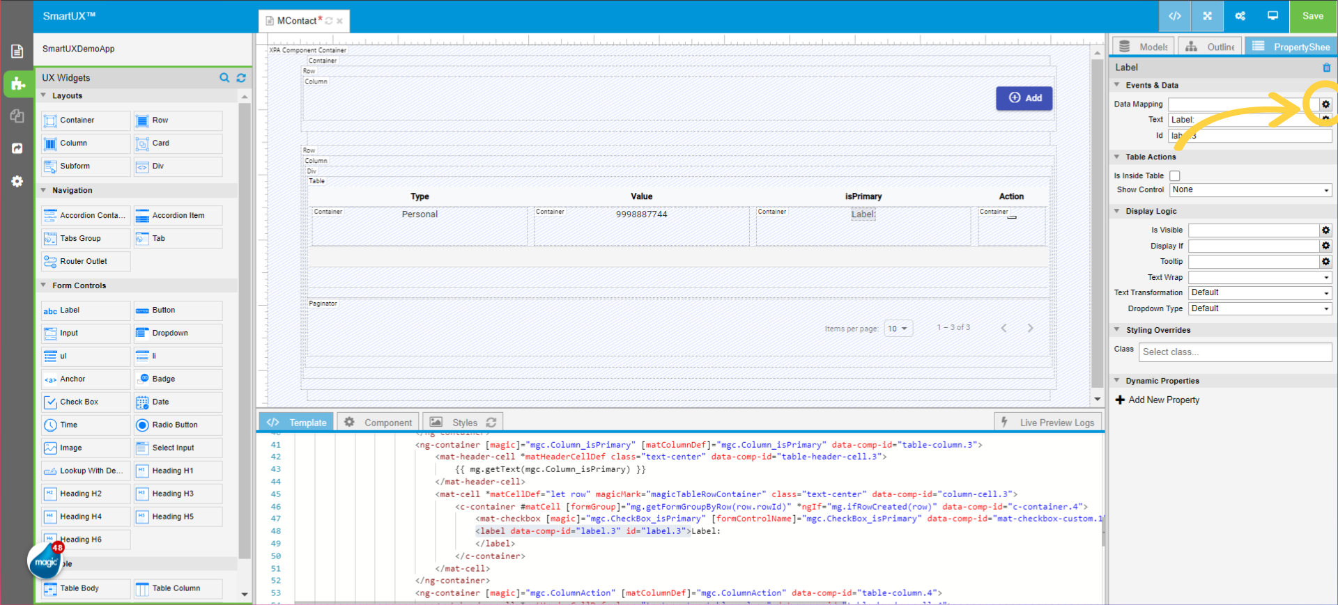 Drag and drop Label inside the IsPrimary column Container
