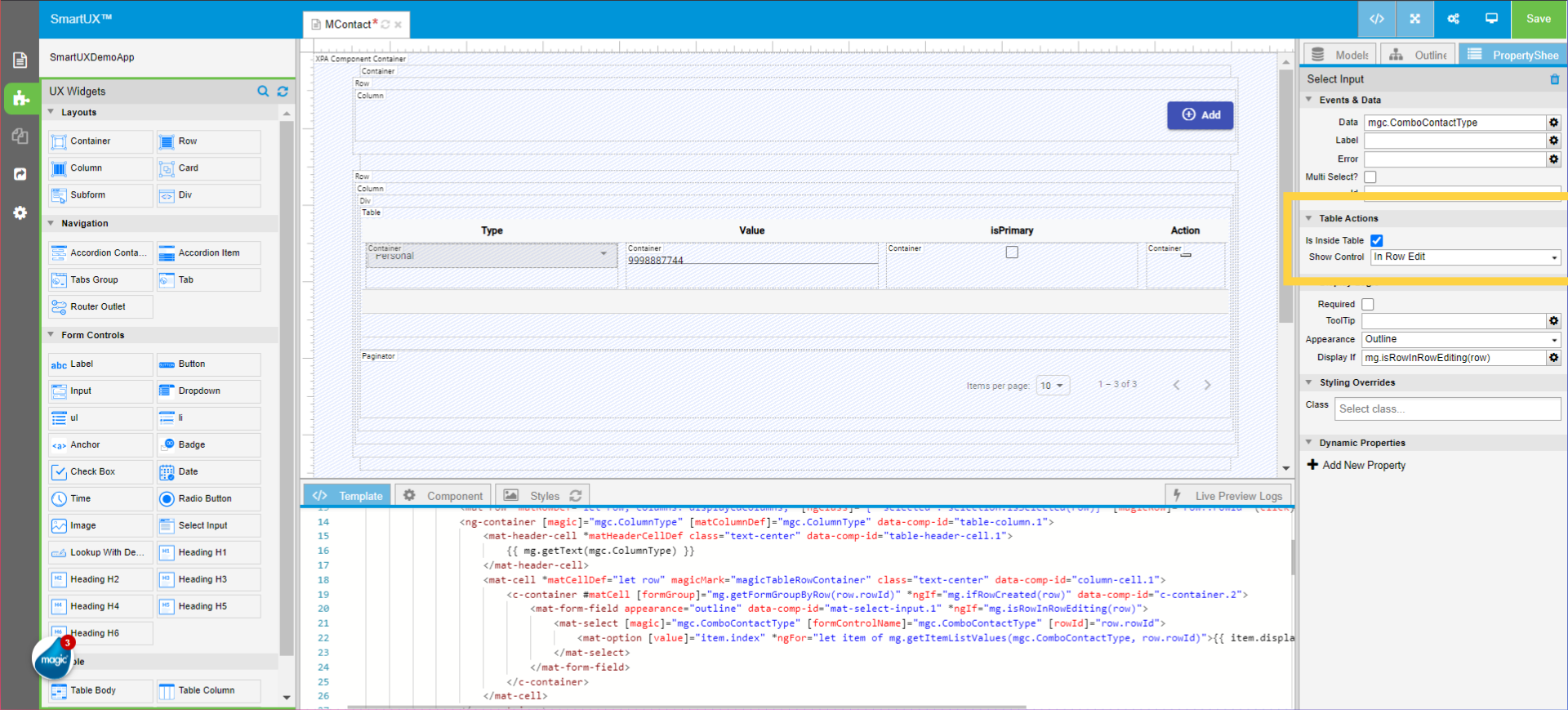 Set Select Input properties of Type Column for In Row Edit