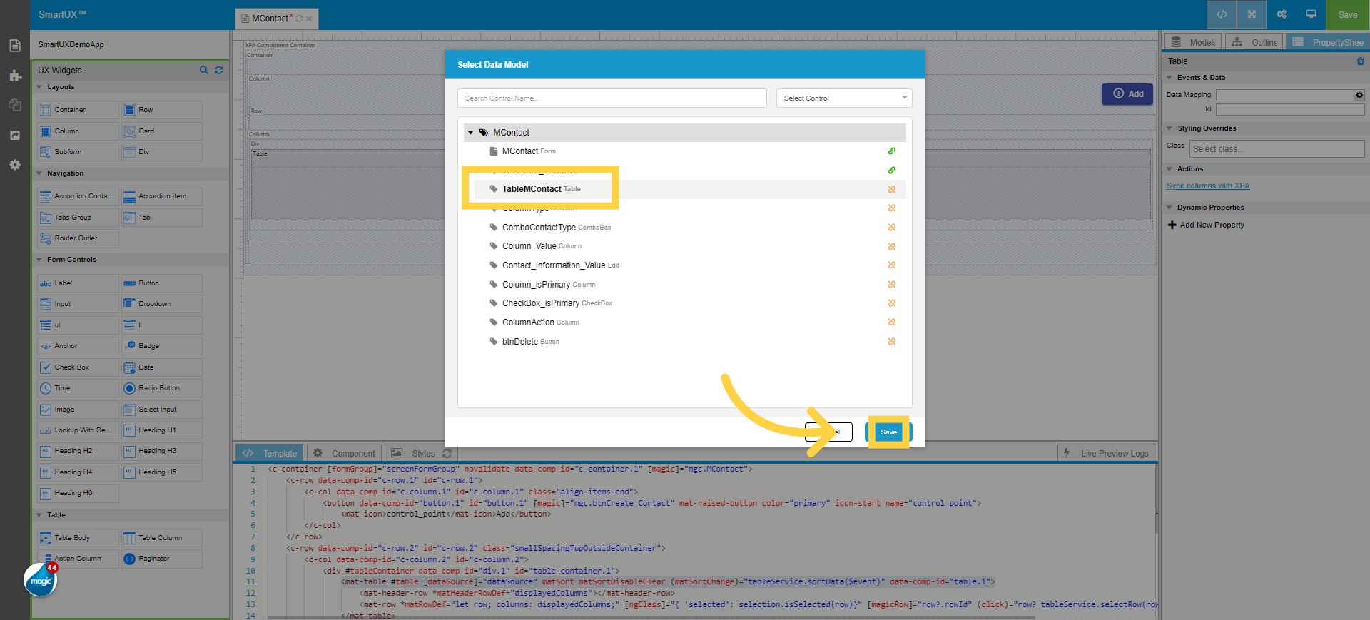 Select the Data Model for Table