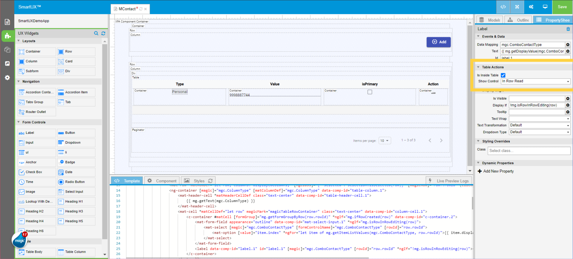 Set Table Action properties for Label from Type Column