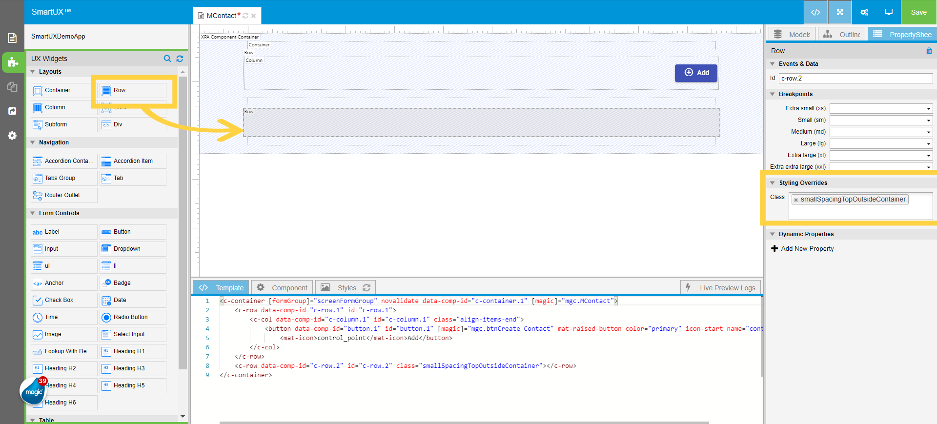 Drag and Drop Row and assign Class property