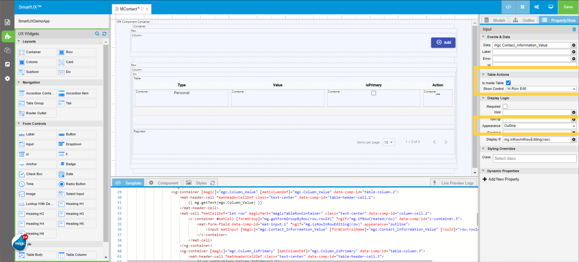 Set Input widget properties of Value Column for In-Row Edit