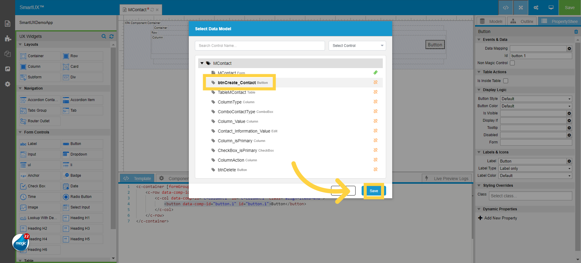 Select the Data Model for the Add Button