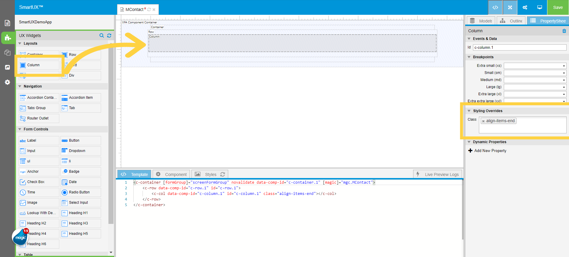 Drag and drop the Column widget and assign Class Property