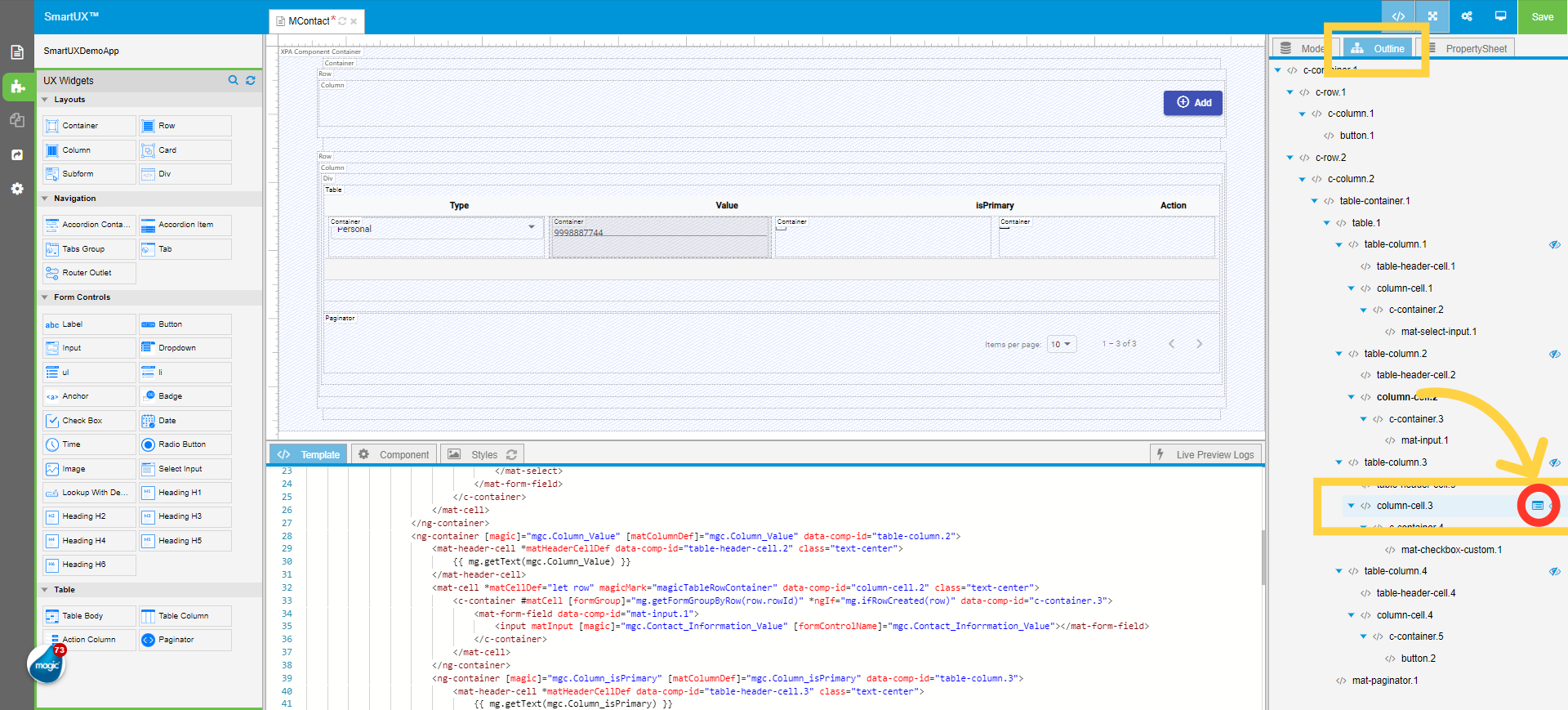 From the Outline pane Go To Property Sheet of Column Cell 3