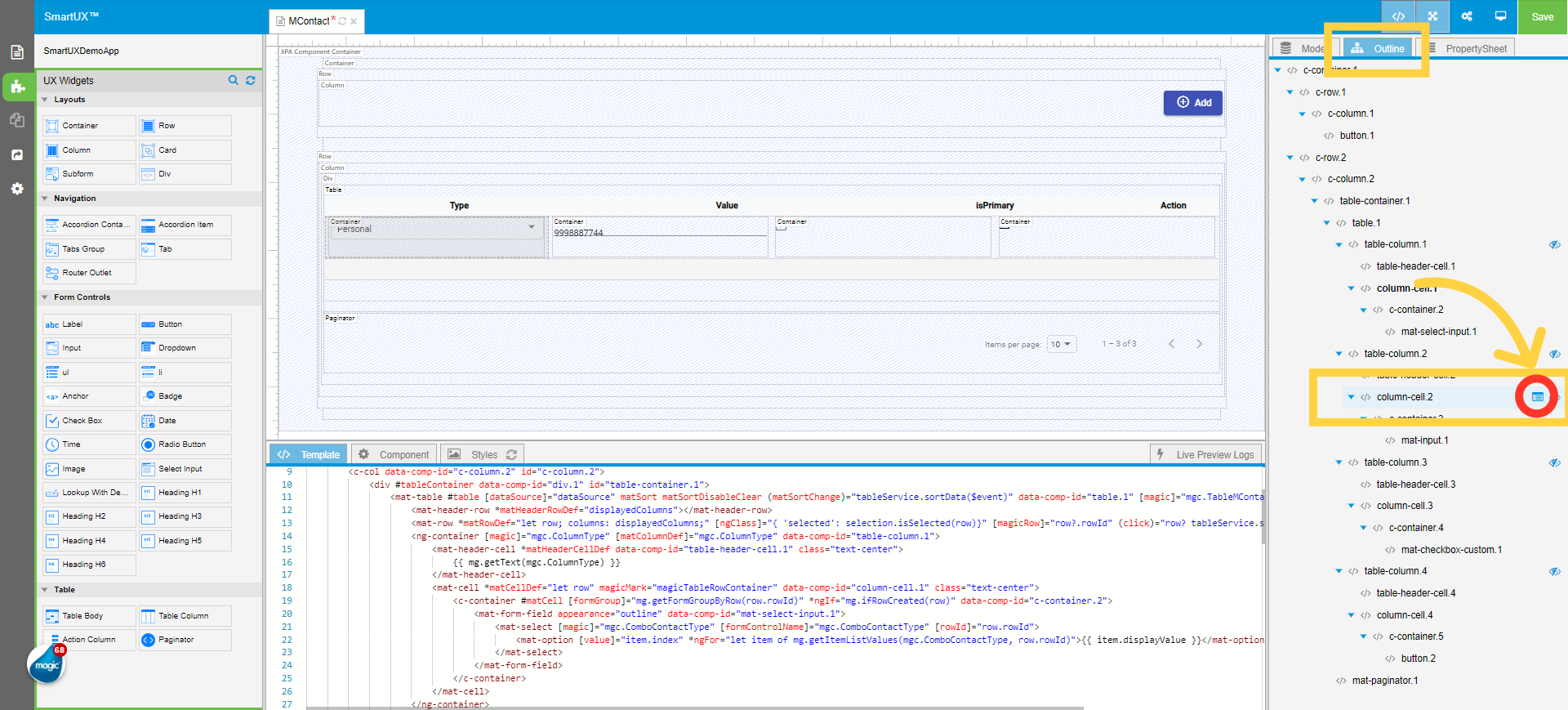From the Outline pane Go To Property Sheet of Column Cell 2