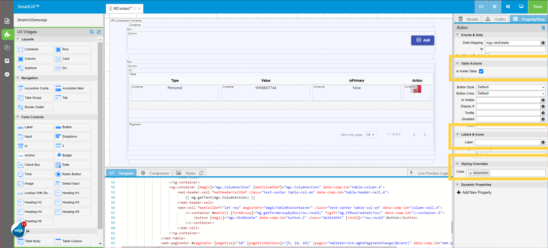 Set Button widget properties of Action Column for Inside Table