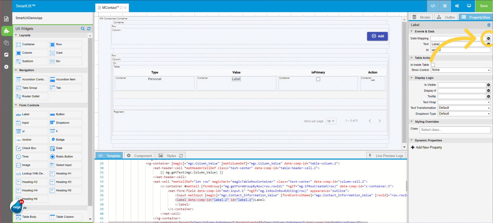 Drag and drop Label inside the Value column Container