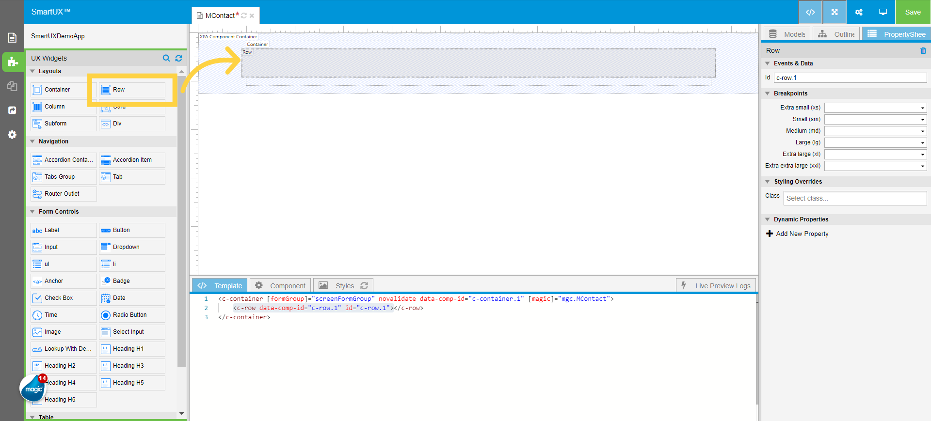 Drag and Drop the Row Widget inside Container