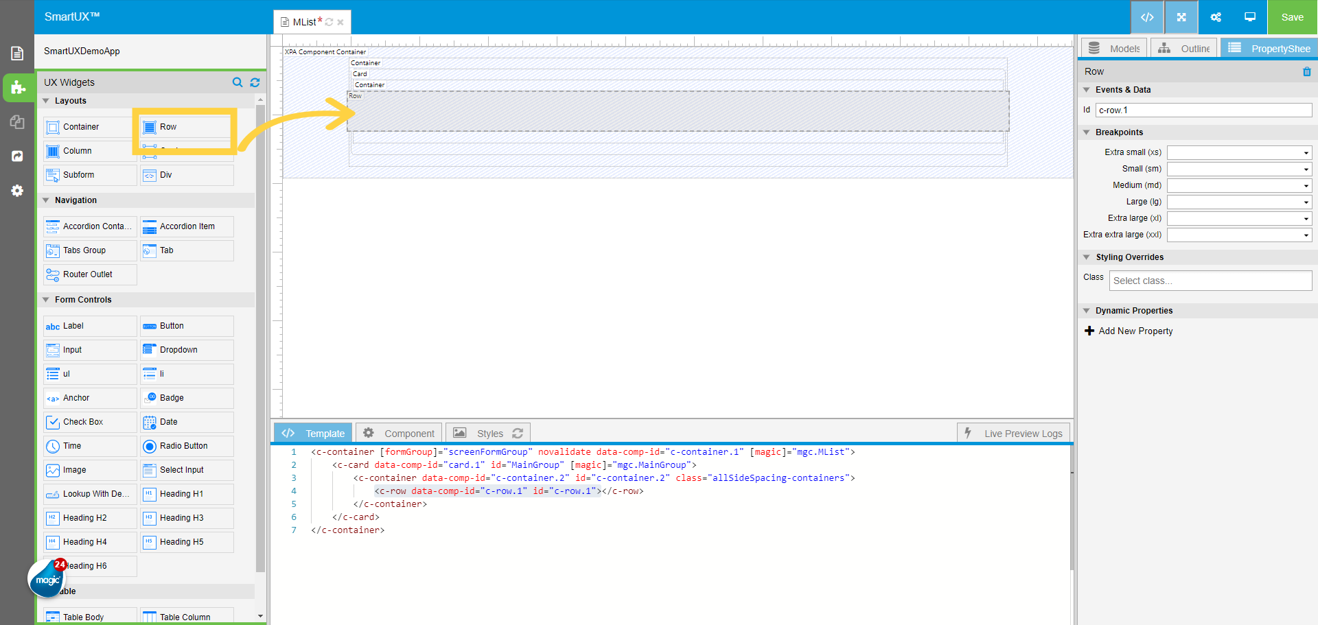 Add Row widget to Container