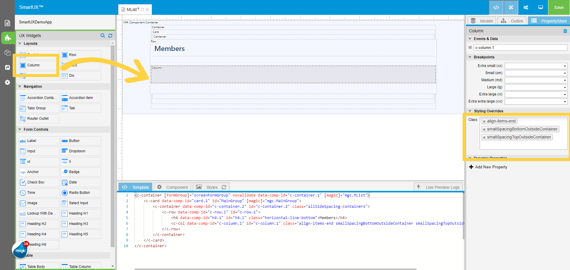 Add Column widget inside Row