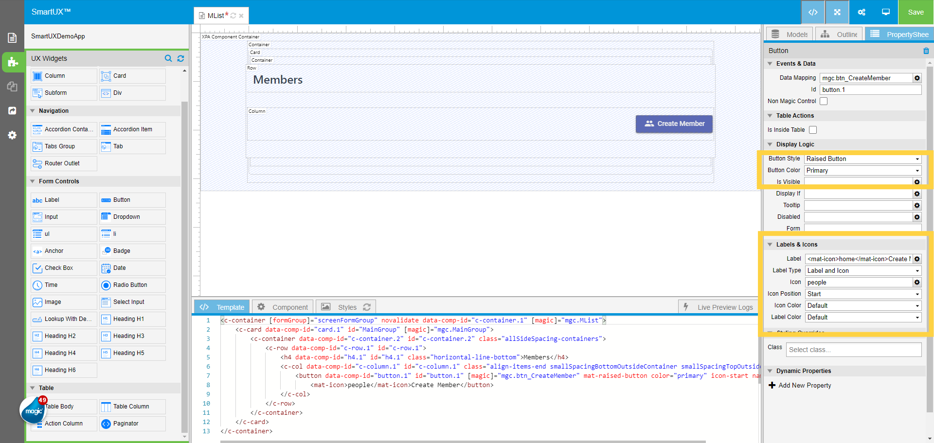 Setting Create Member Button properties