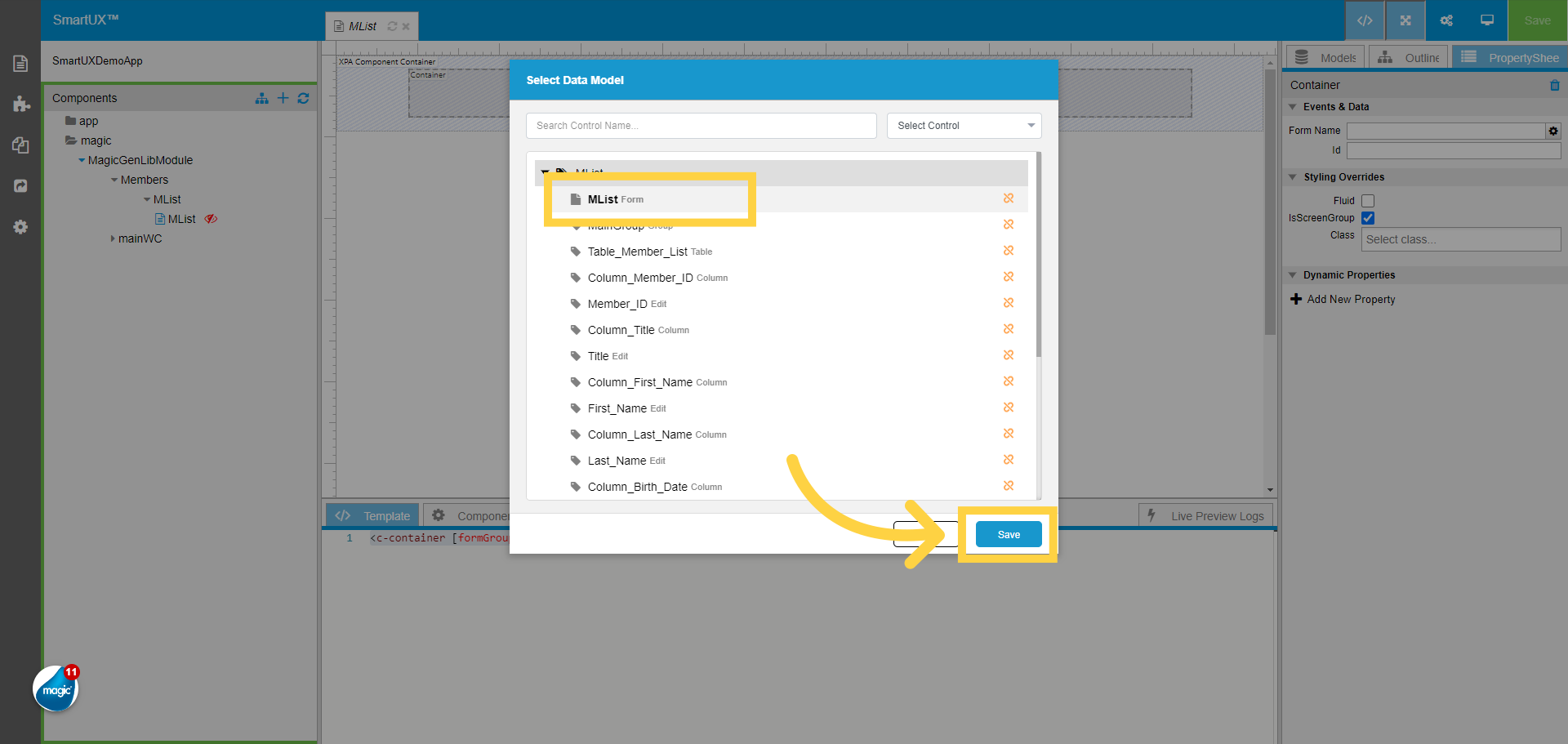 Select Data Model for Container