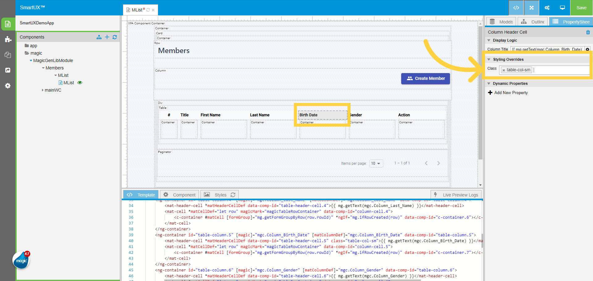 Birth Date Column Header Cell Class Property