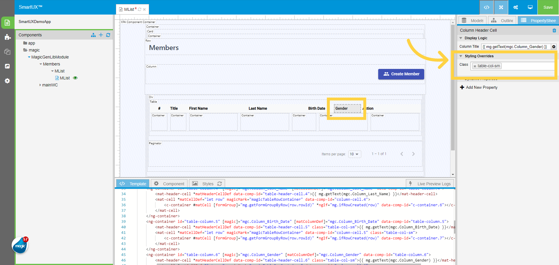 Gender Column Header Cell Class Property