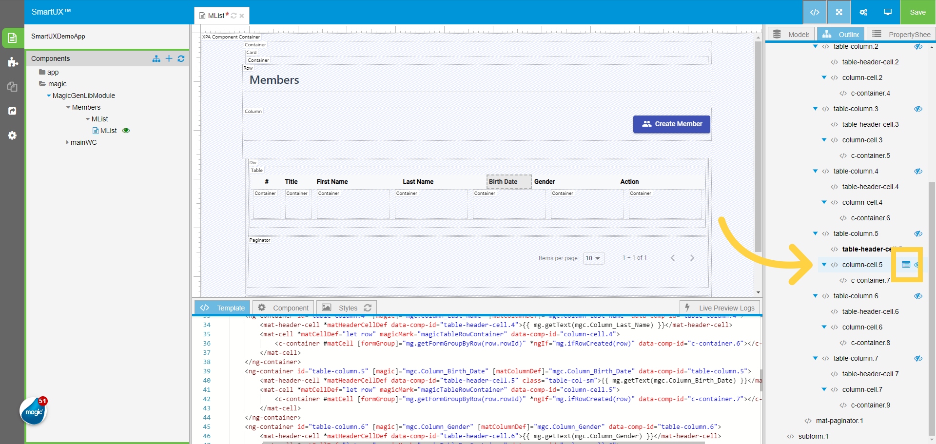 Column Cell 5 from the Outline Tree