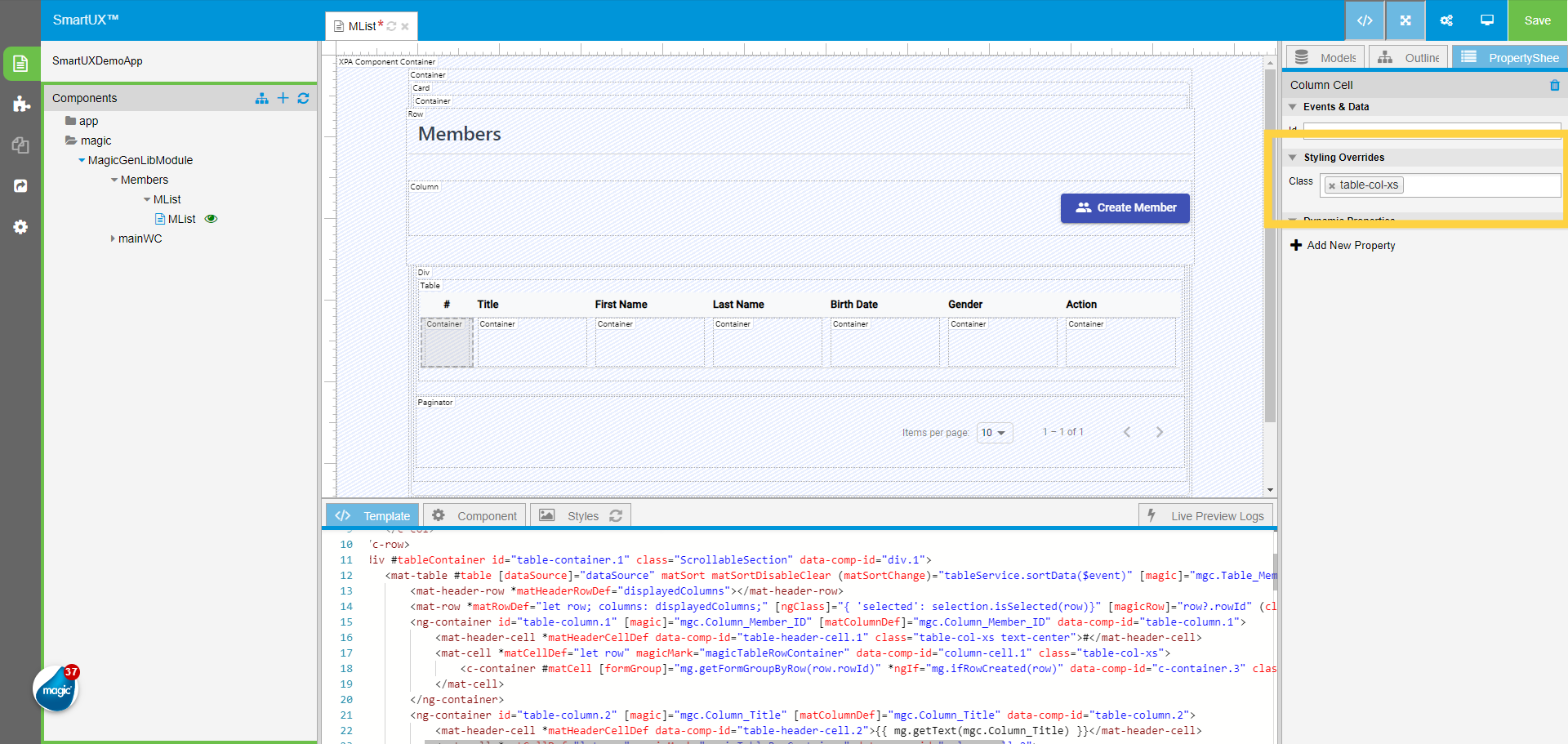 First column cell Class property