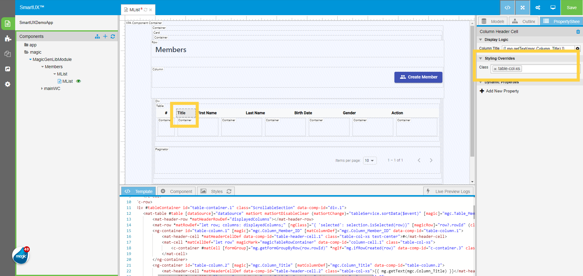 Title Column Header Cell Class Property