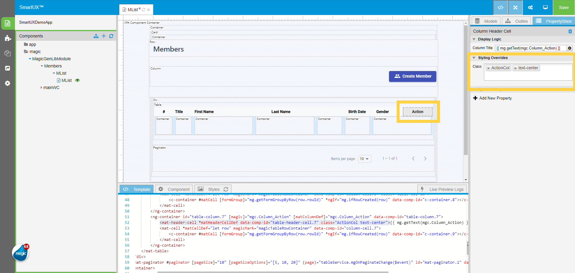 Action Column Header Cell Class Property