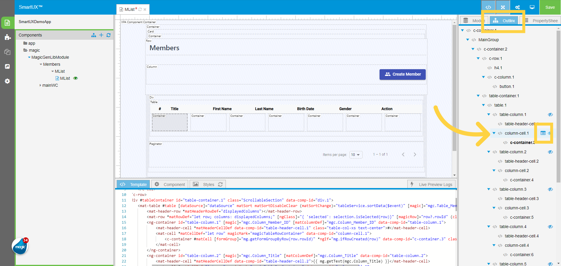 Switch to Outline tree to Select Column Cell