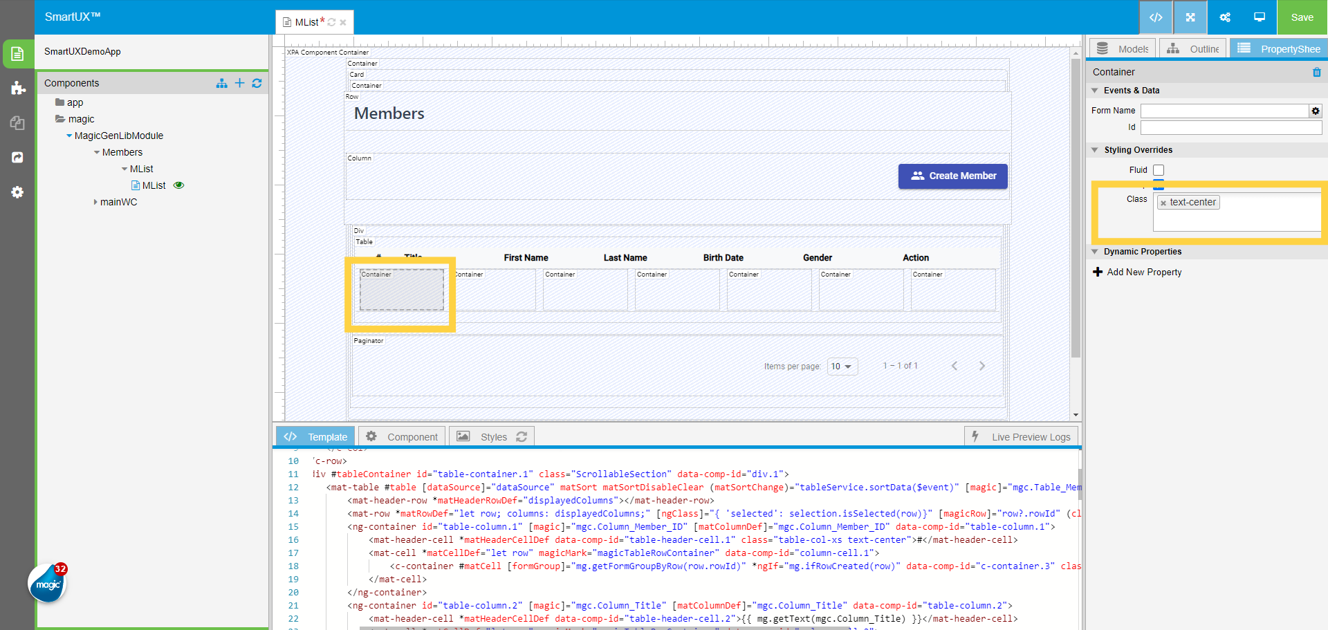 First Column Container Class Property