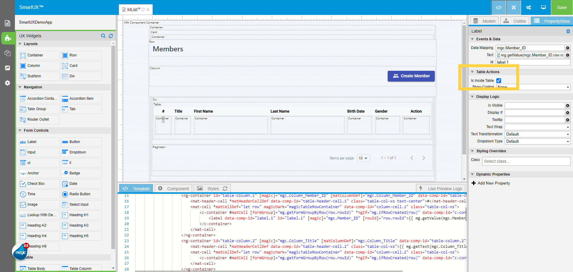 Mark the Label widget for Member_ID as 'Inside Table'