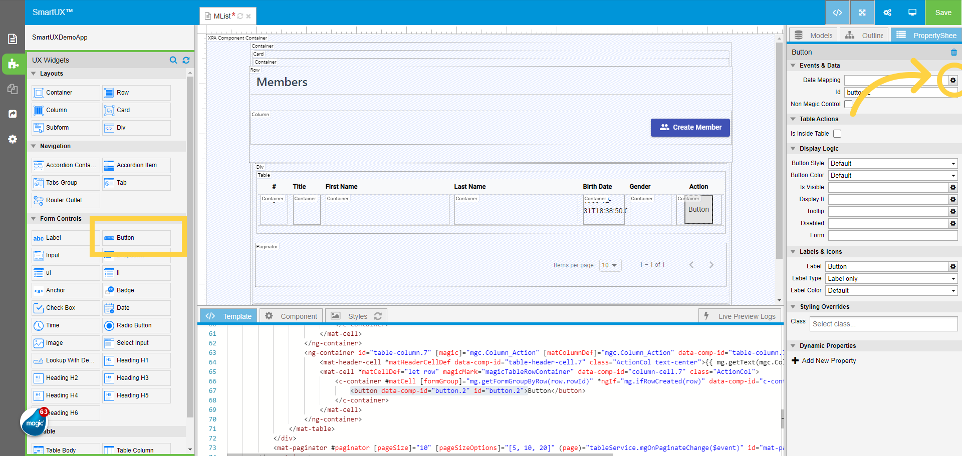 Drag and Drop the Button widget for Action Column