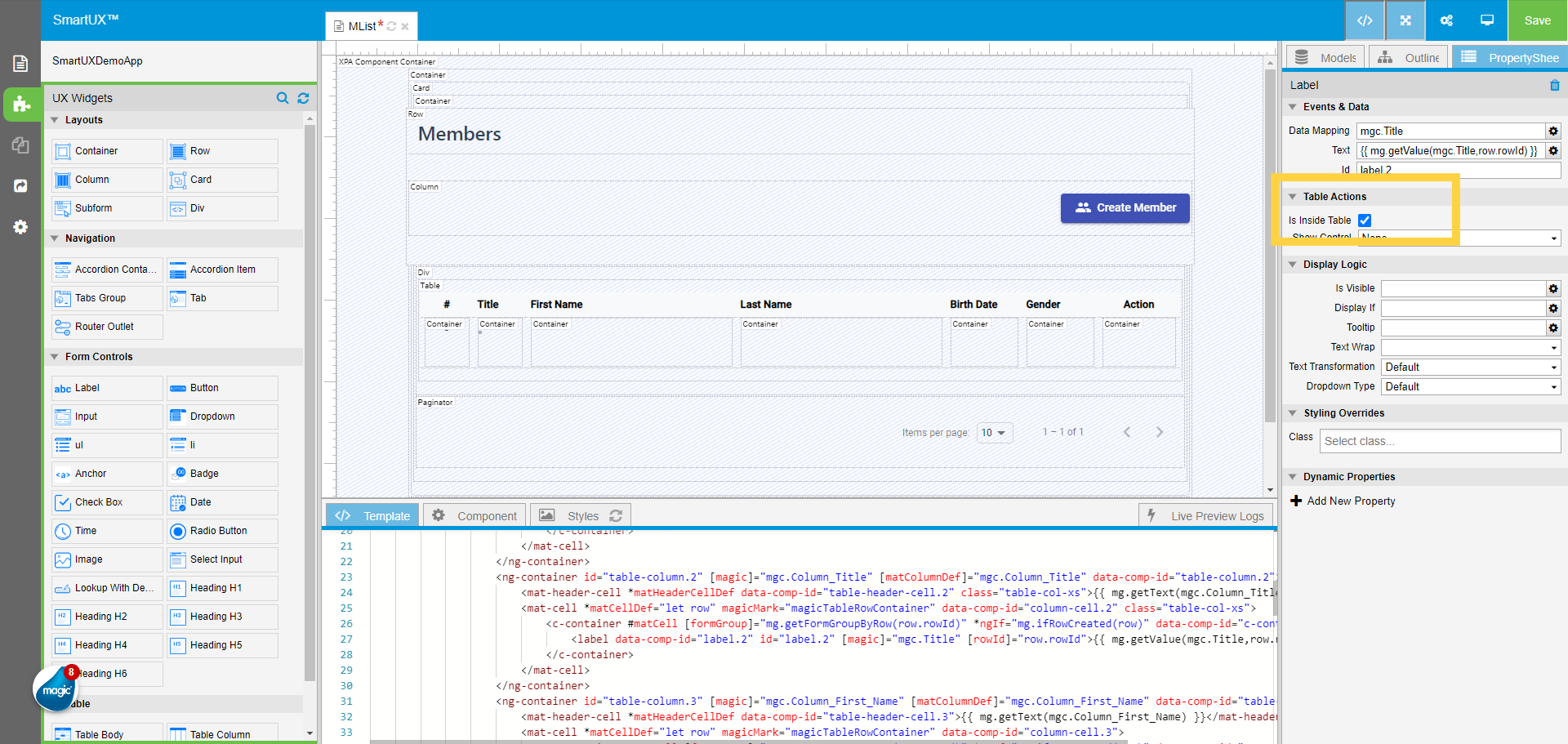 Mark the Label widget for the Title as 'Inside Table'