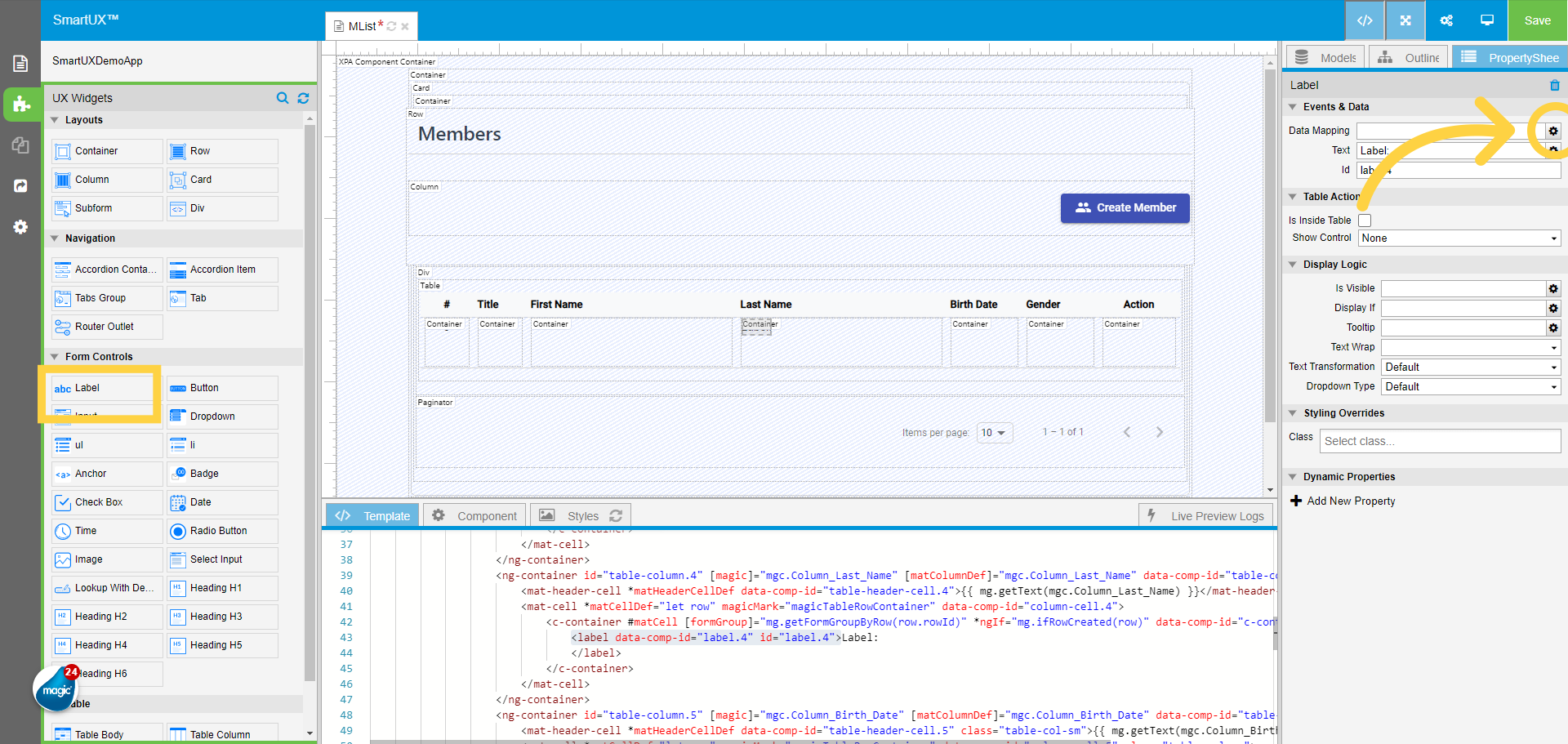 Drag and Drop the Label widget for Last Name Column
