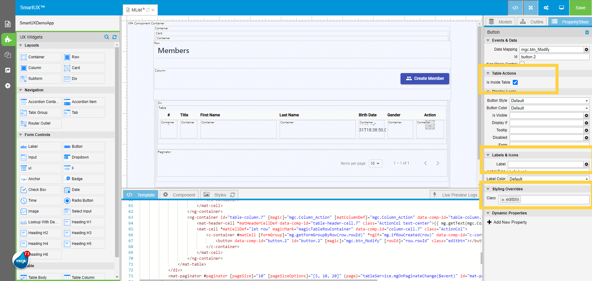 Set Modify operation button widget Properties