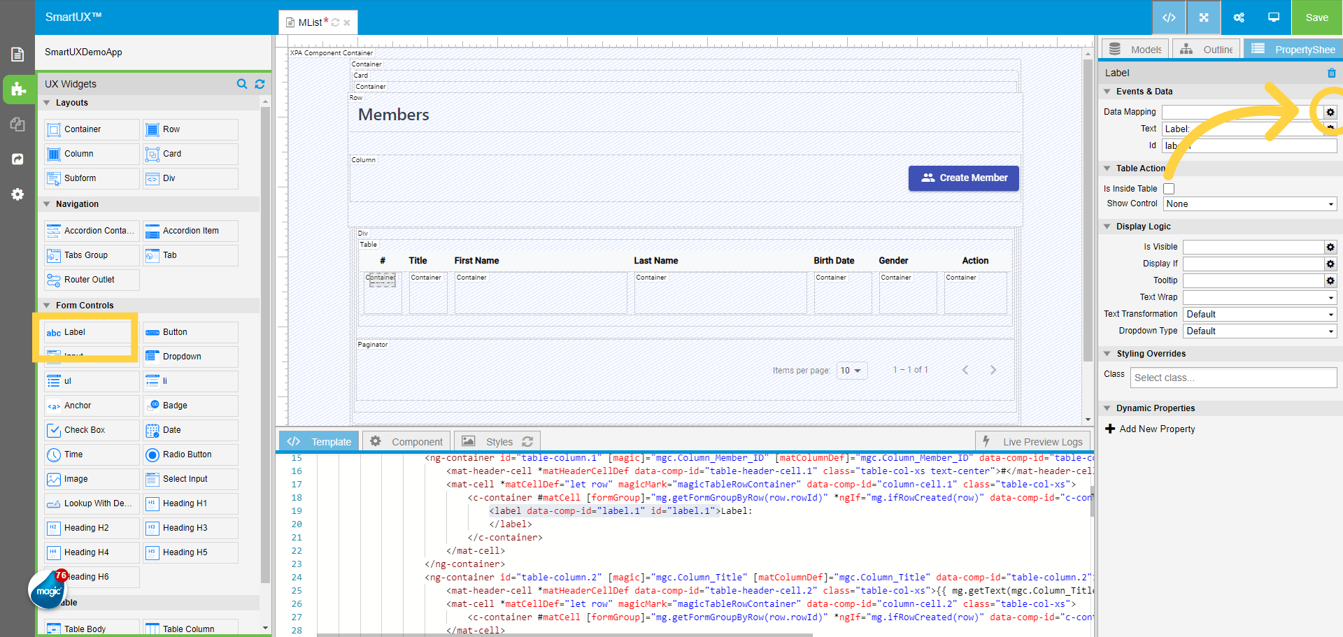 Drag and Drop the Label widget for ID Column