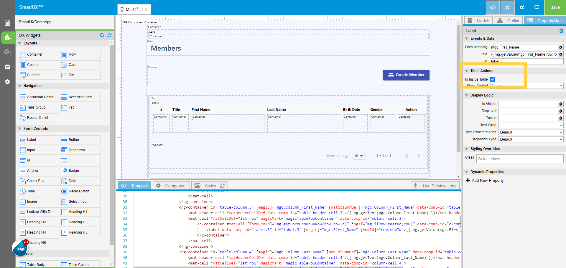 Mark the Label widget for the First Name as 'Inside Table'