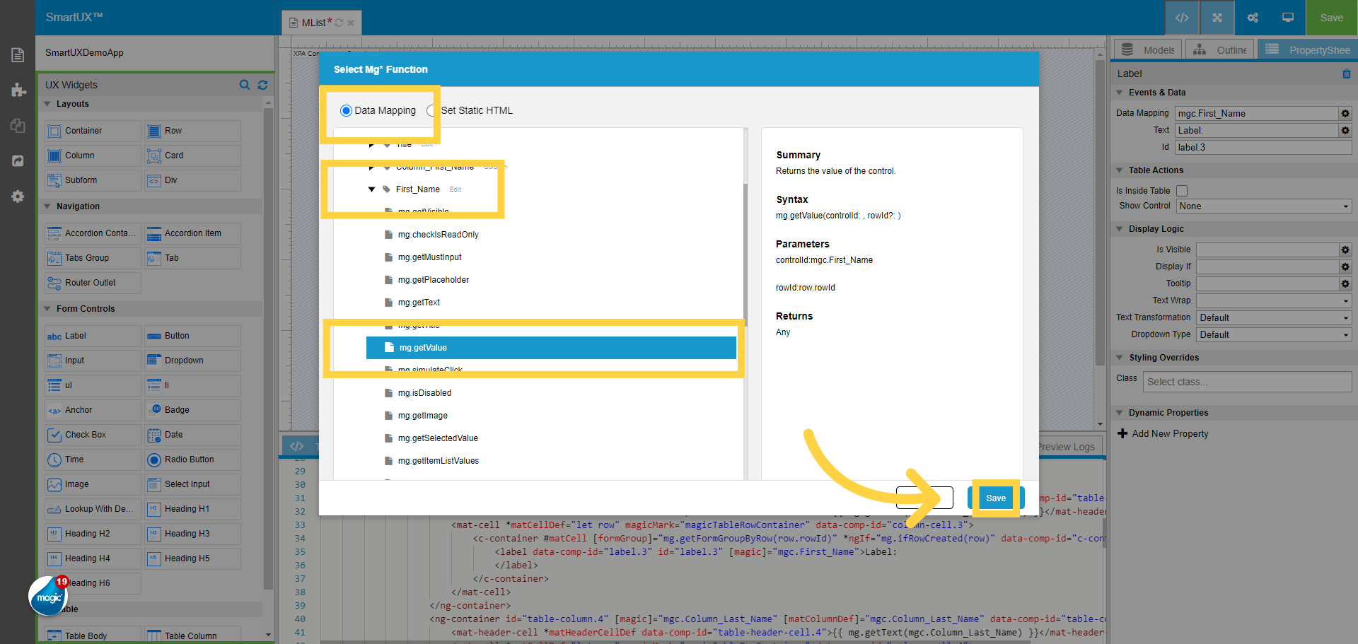 Select mg.getValue function for First_Name