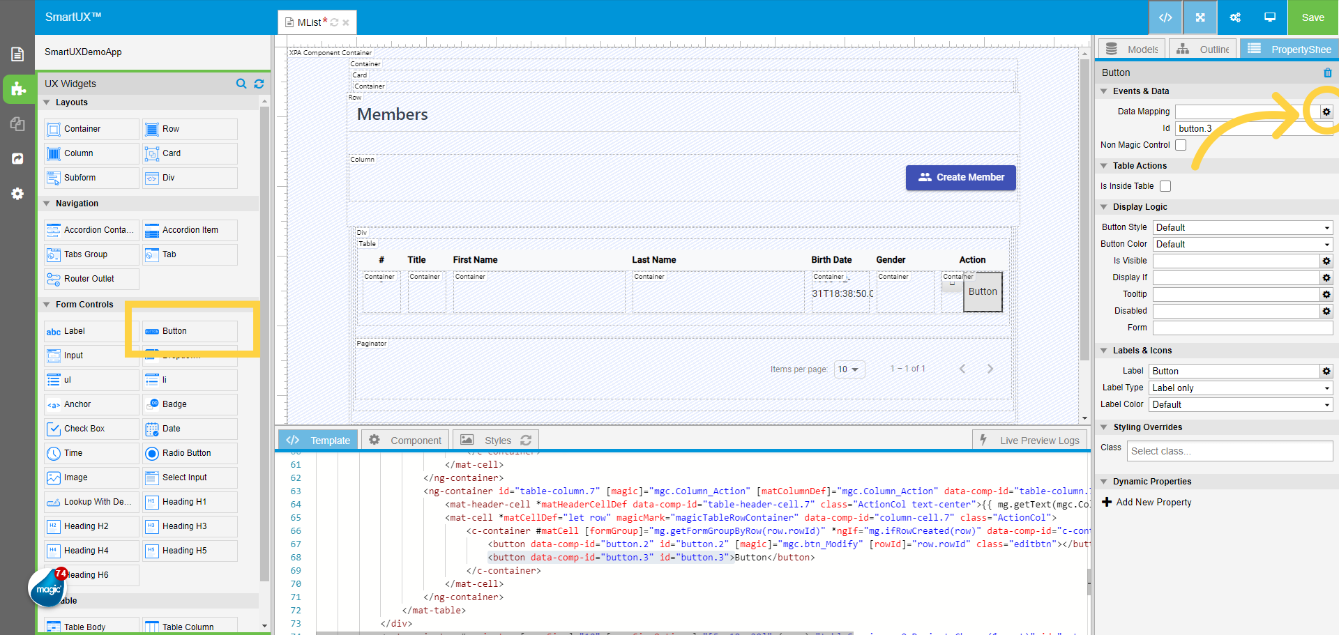 Drag and Drop another button widget for the Action Column