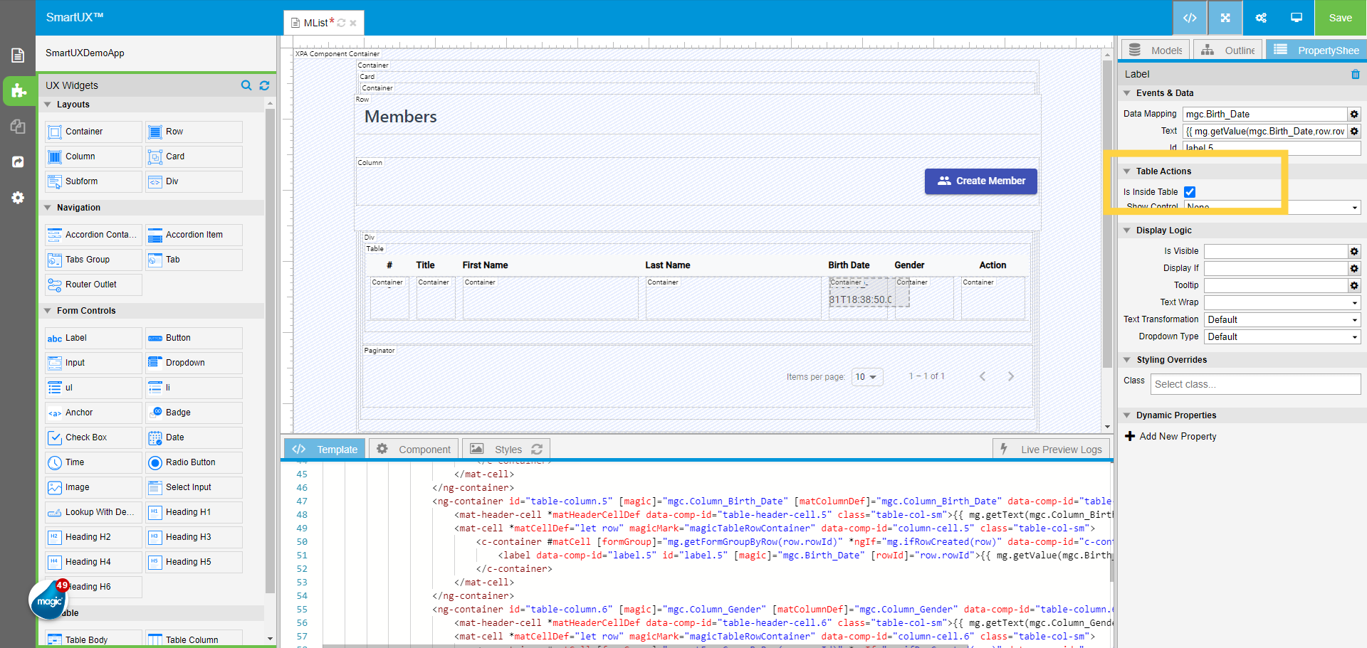 Mark the Label widget for the Birth Date as 'Inside Table'