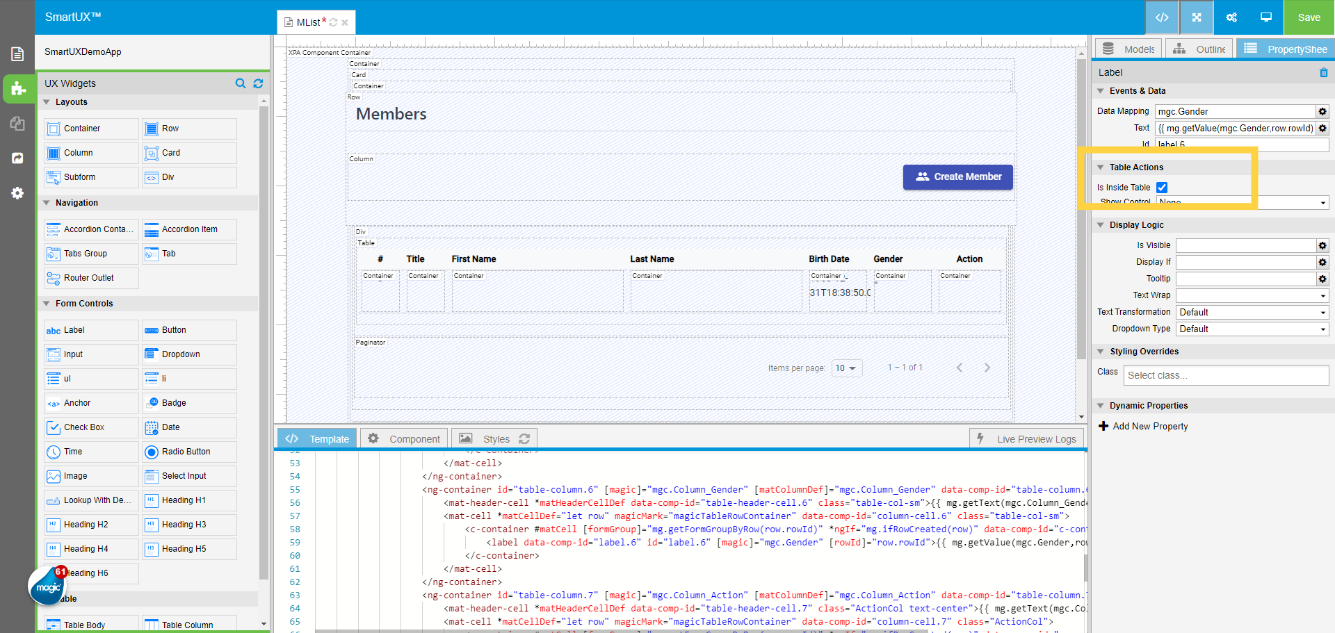 Mark the Label widget for the Gender as 'Inside Table'