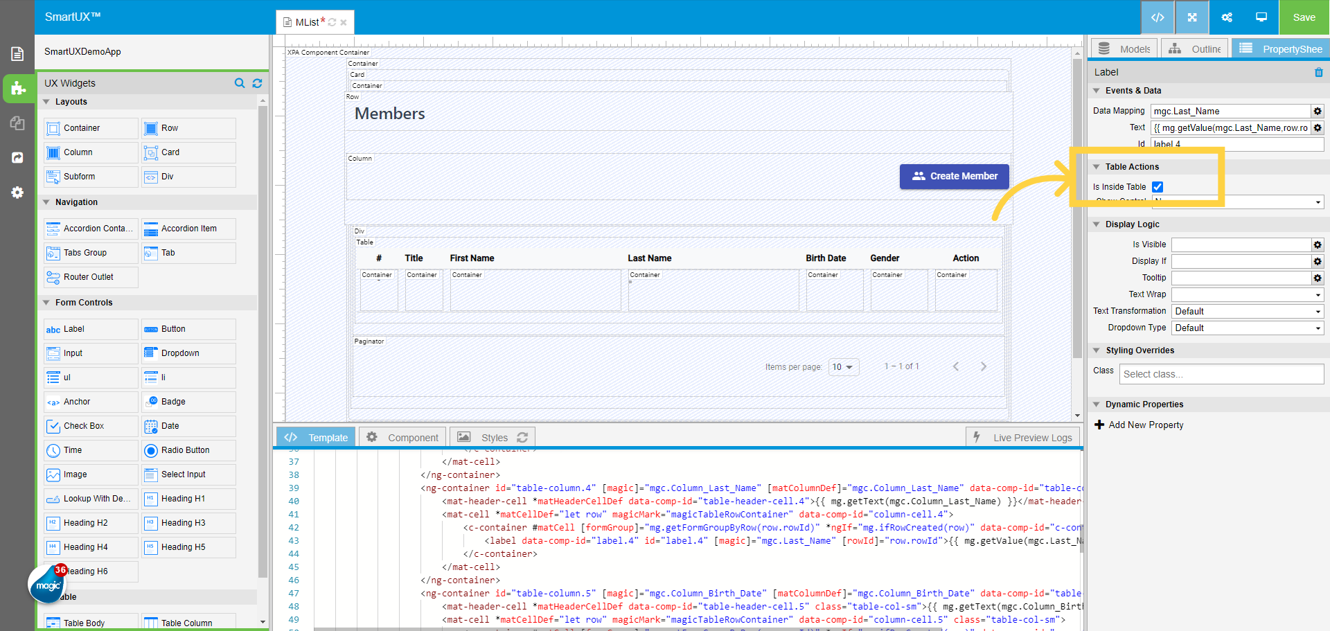 Mark the Label widget for the Last Name as 'Inside Table'