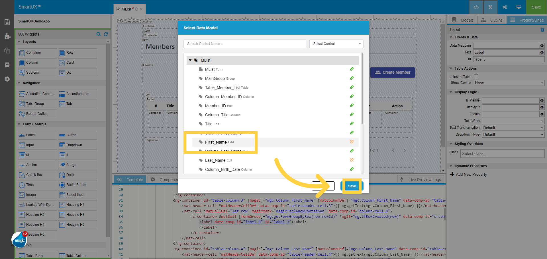 Data Mapping for First_Name Label Widget