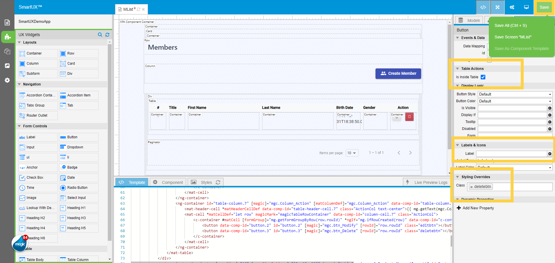 Set Delete operation button widget Properties