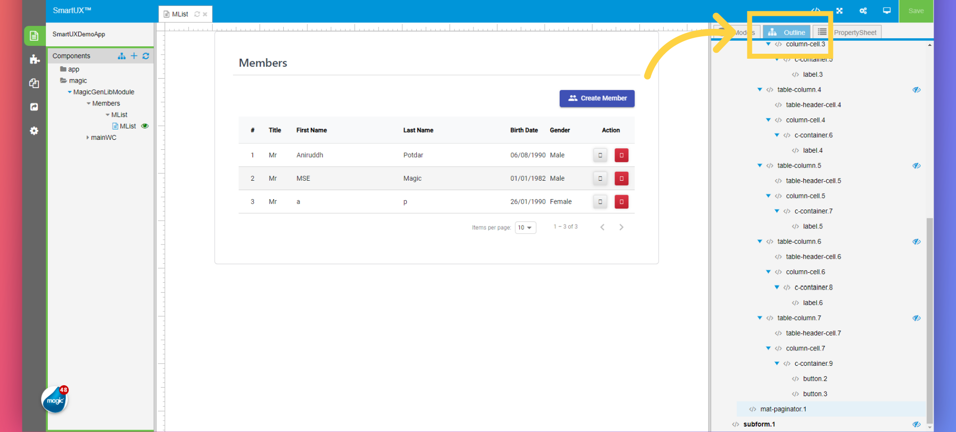 MList Component Outline tree