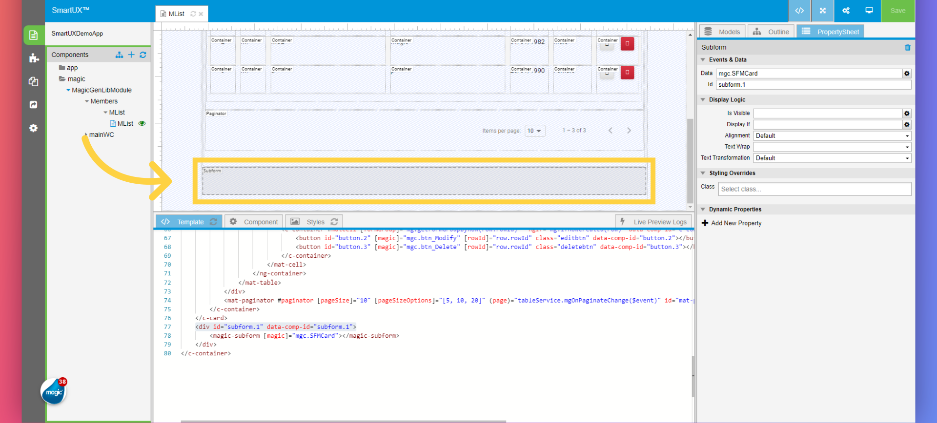 Subform Widget Properties Sheet