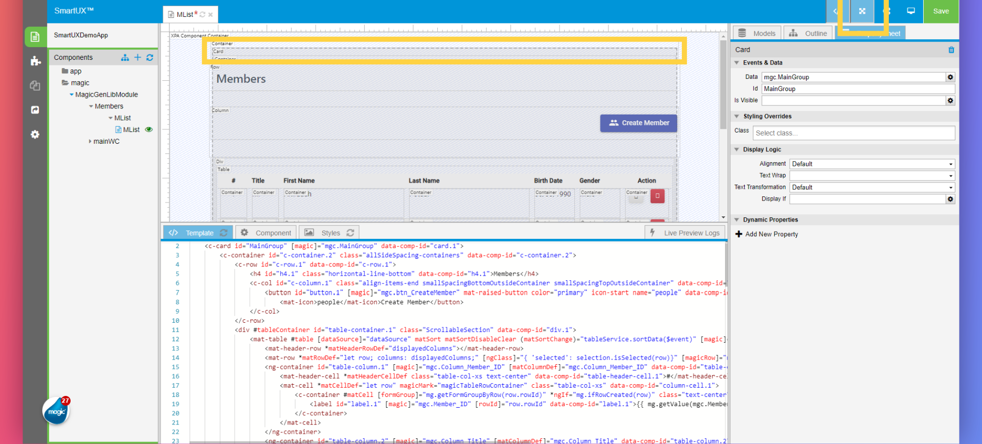 Select the Card widget to Add Dynamic Property