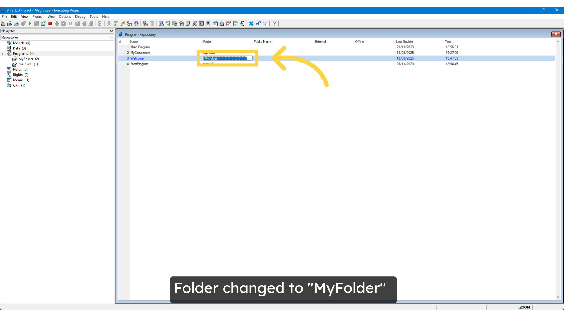 Folder changed to 'MyFolder'