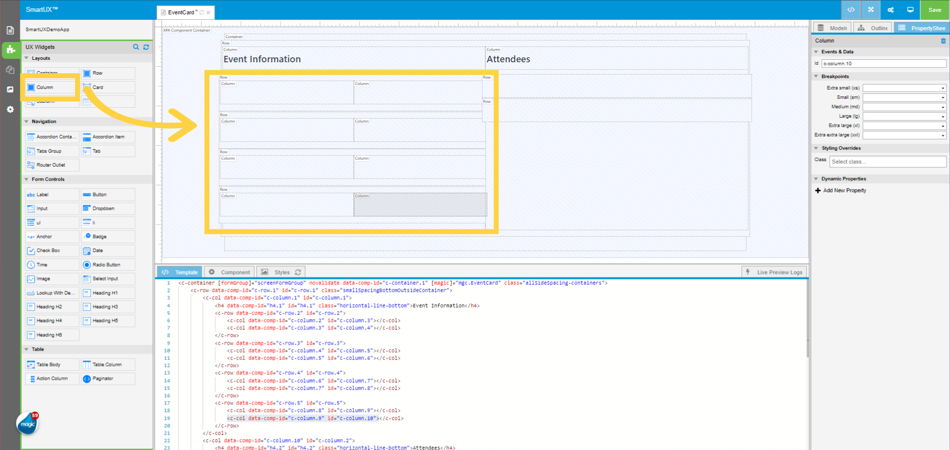 Drag and drop Columns inside the Rows below Event Information Heading