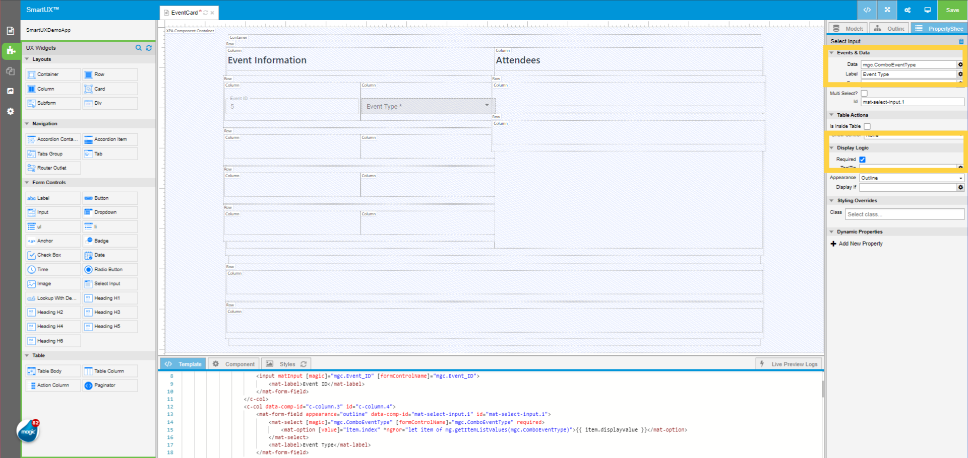 Set properties for Select Input for Event Type