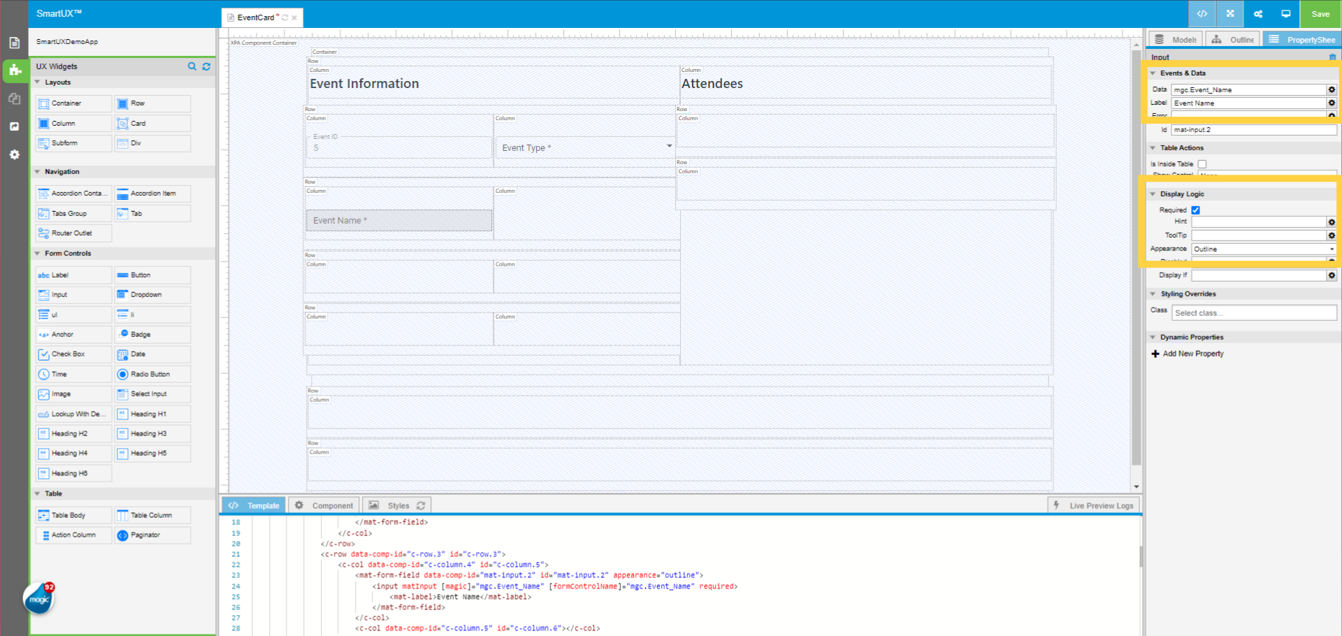 Set properties for Input for Event Name